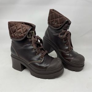Lei Vintage Y2K Brown Chunky Platform Lace Up Boots Cap Toe Quilted Grunge Punk